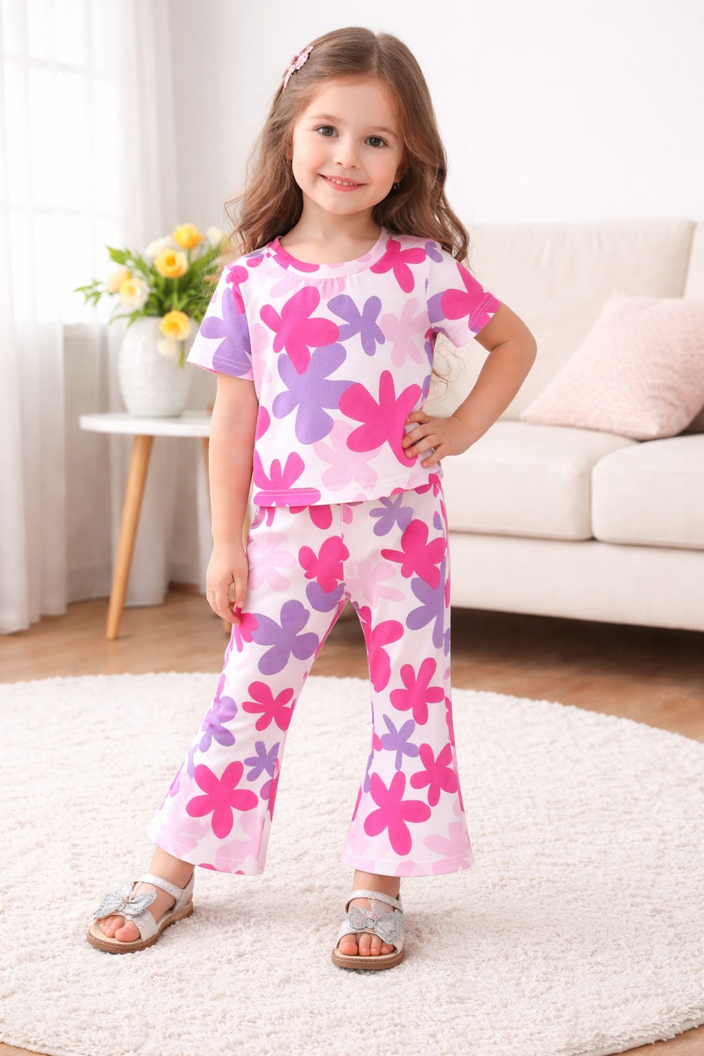 Multi Color Flowers Tshirt With Trouser Printed Kids Night Suit