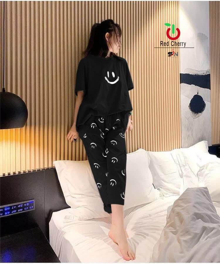 Black Smiley Print Pajama Set