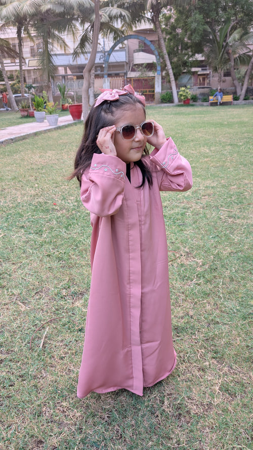 Blush Pink Silver Emb Front Open Kids Abaya