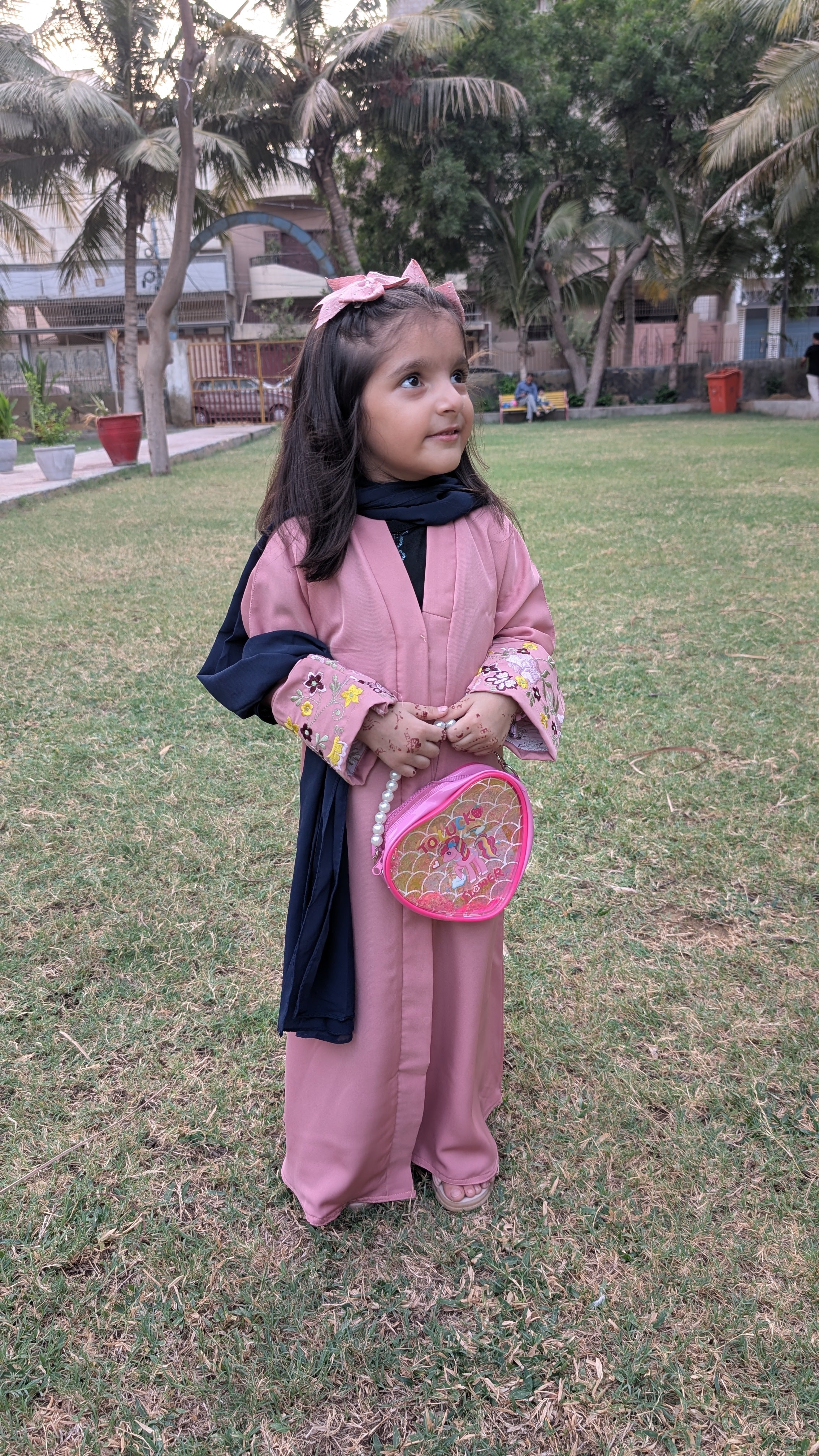 Blush Pink Flower Emb Front Open Kids Abaya