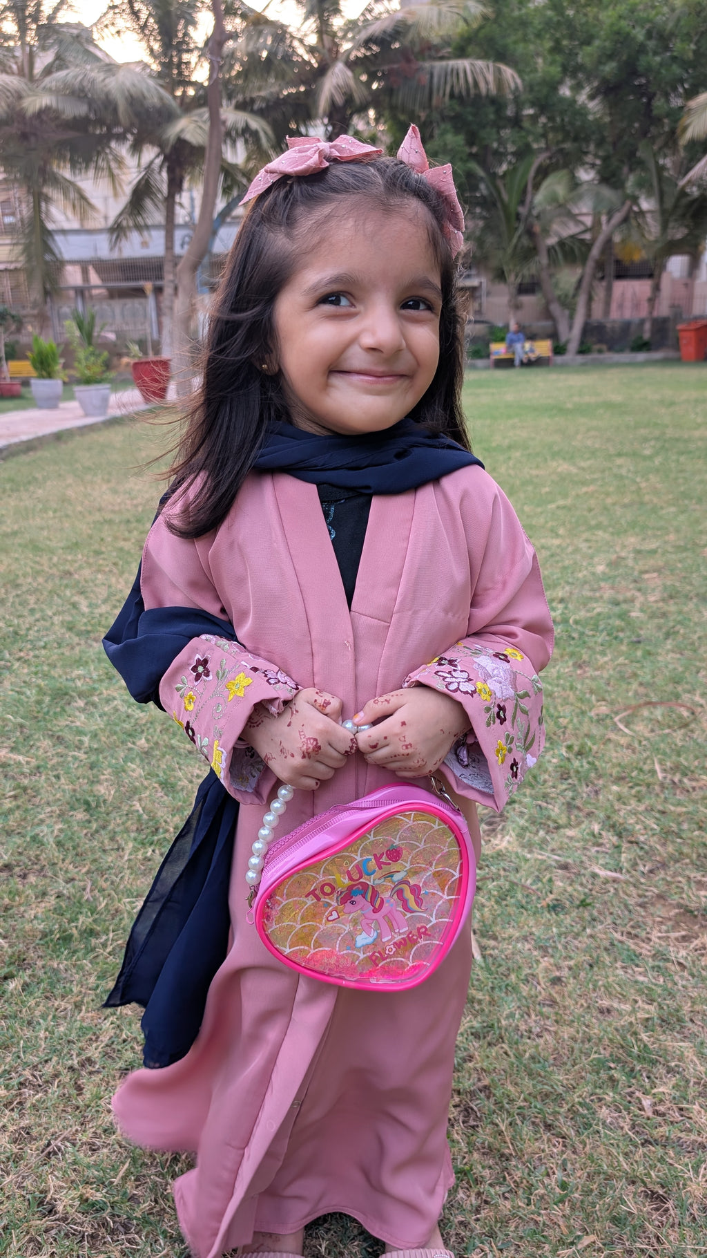 Blush Pink Flower Emb Front Open Kids Abaya