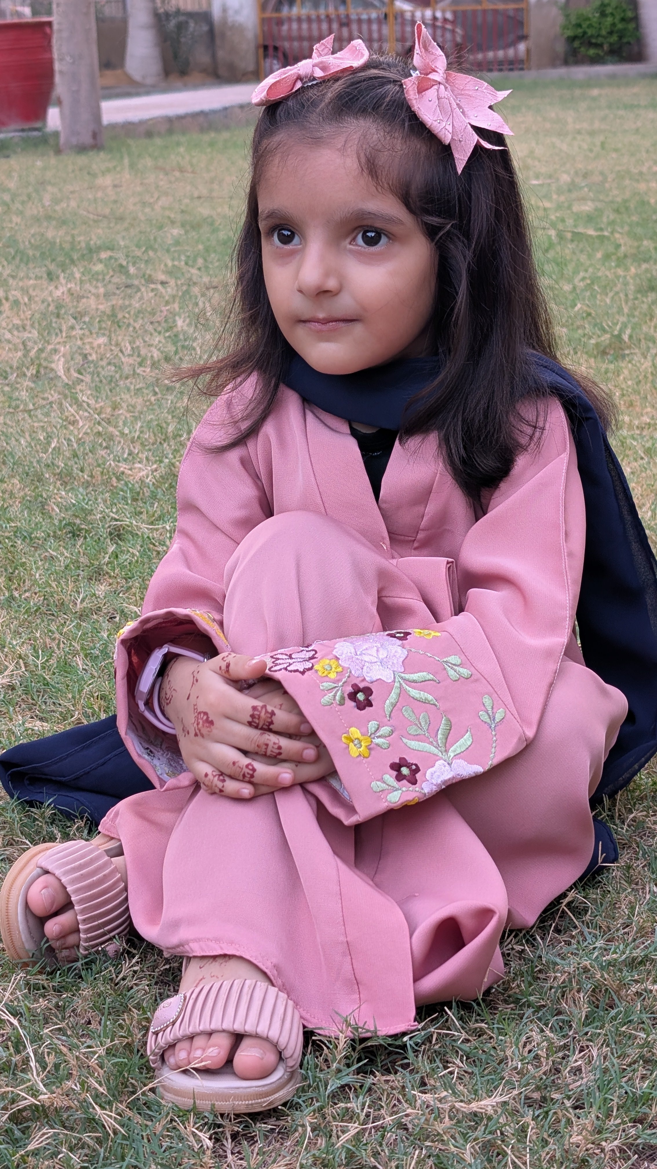 Blush Pink Flower Emb Front Open Kids Abaya