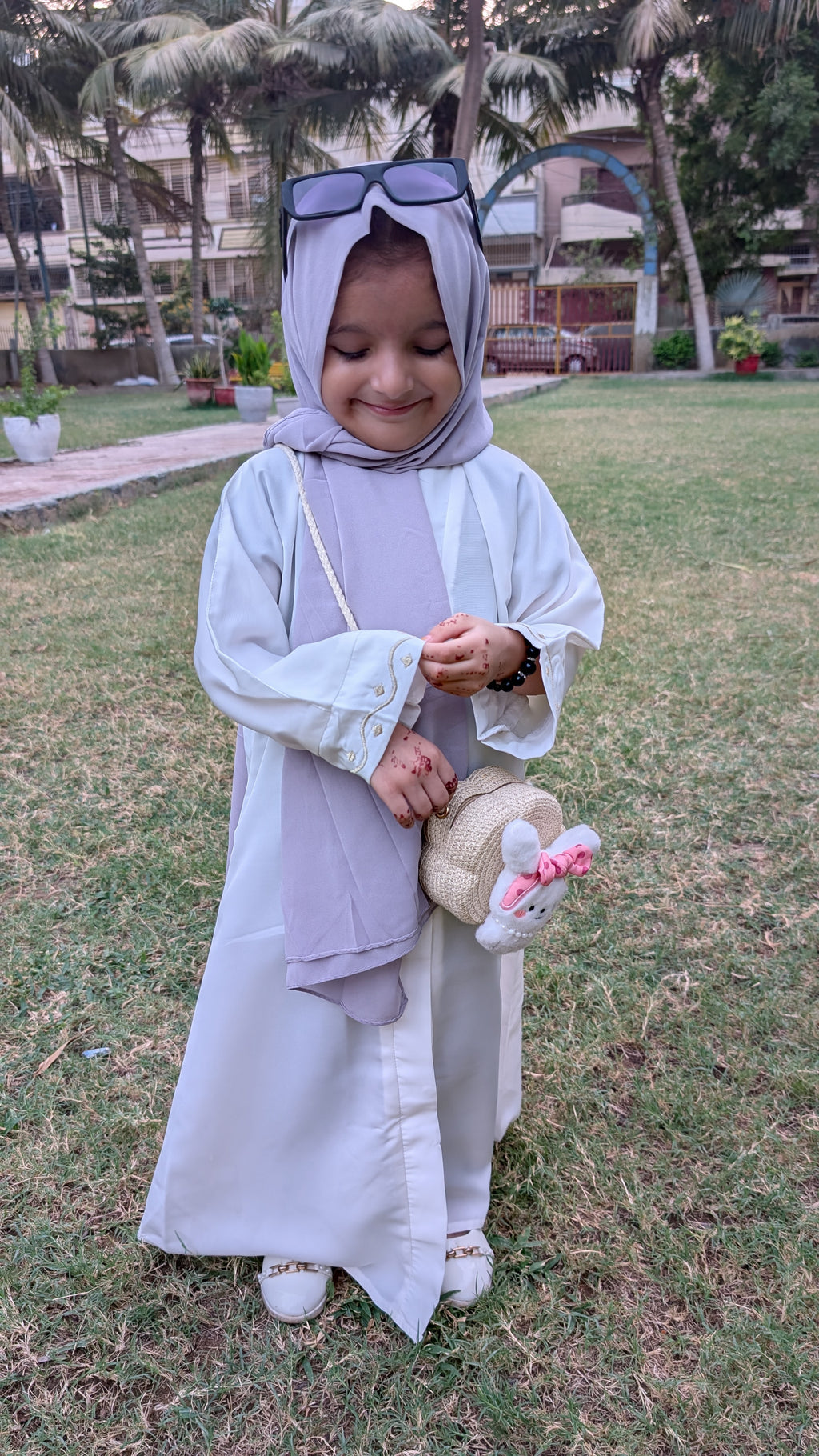 White Silver Emb Front Open Kids Abaya