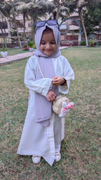 White Silver Emb Front Open Kids Abaya