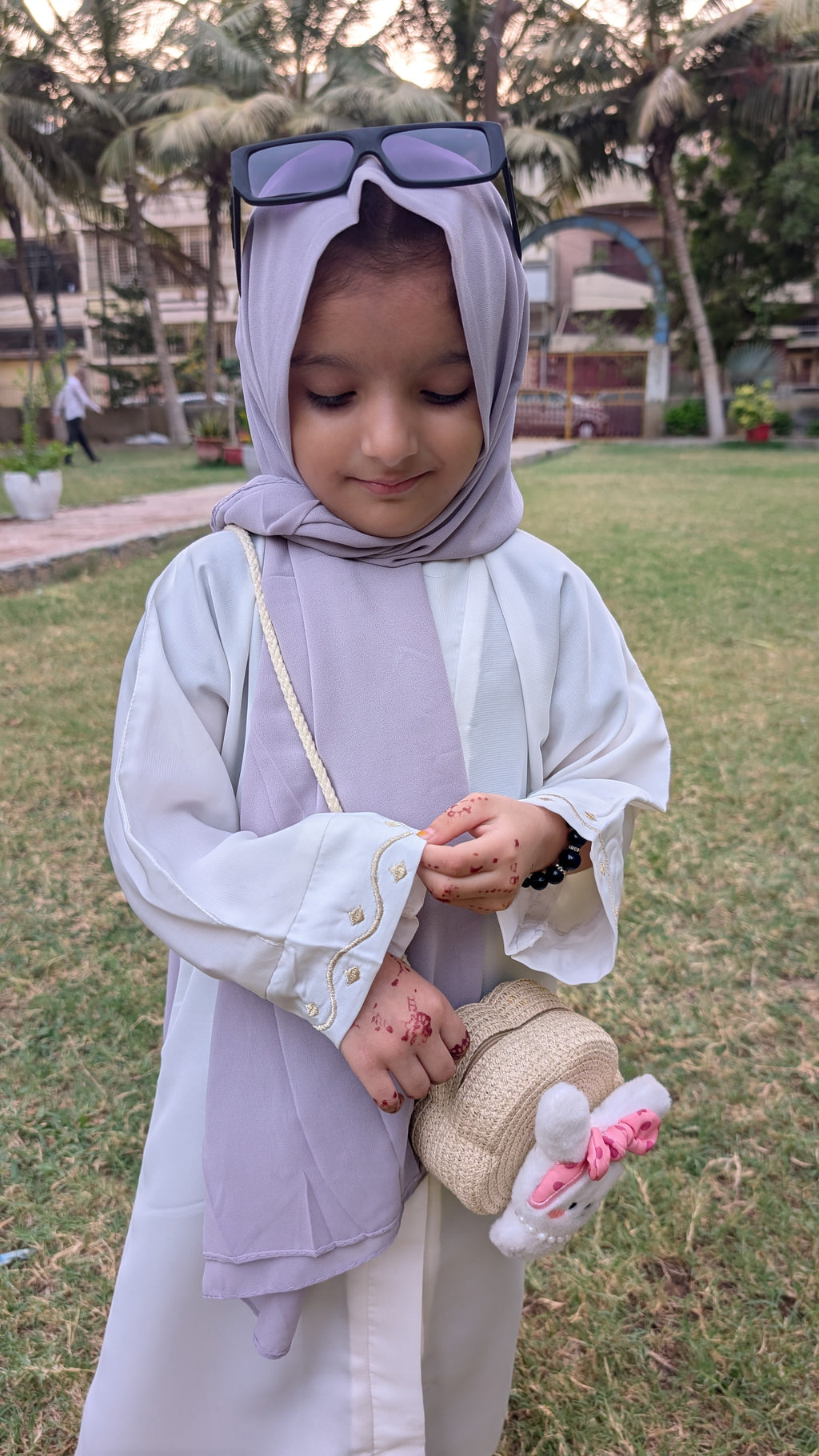 White Silver Emb Front Open Kids Abaya