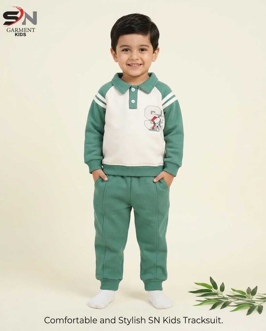 Green Button with Collar Winter Fleece Kids Track Suits