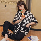 Black & White Mini Mouse Drop Shoulder Printed Button V-Neck Half Sleeves PJ Set