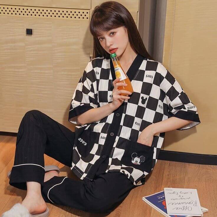 Black & White Mini Mouse Drop Shoulder Printed Button V-Neck Half Sleeves PJ Set