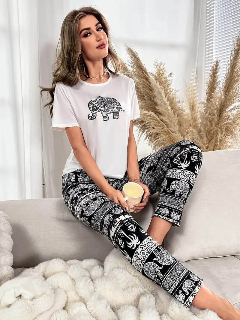 White Black Elephant Print Pajama Set