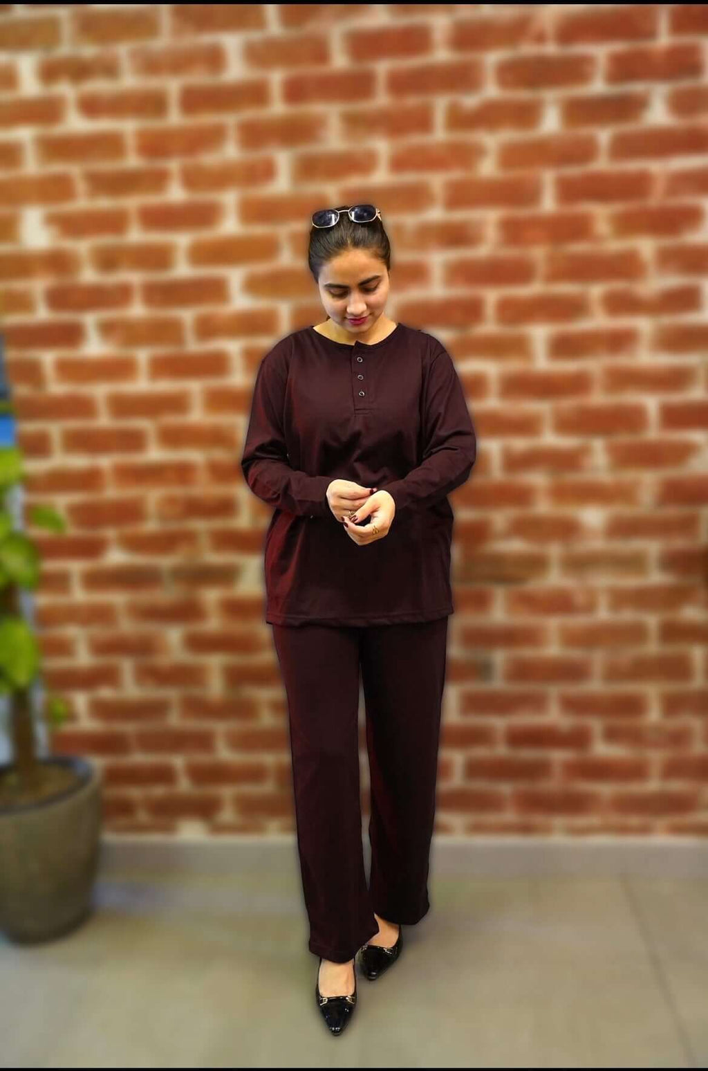 plain v neck button collar style night suit in soft cotton fabric
