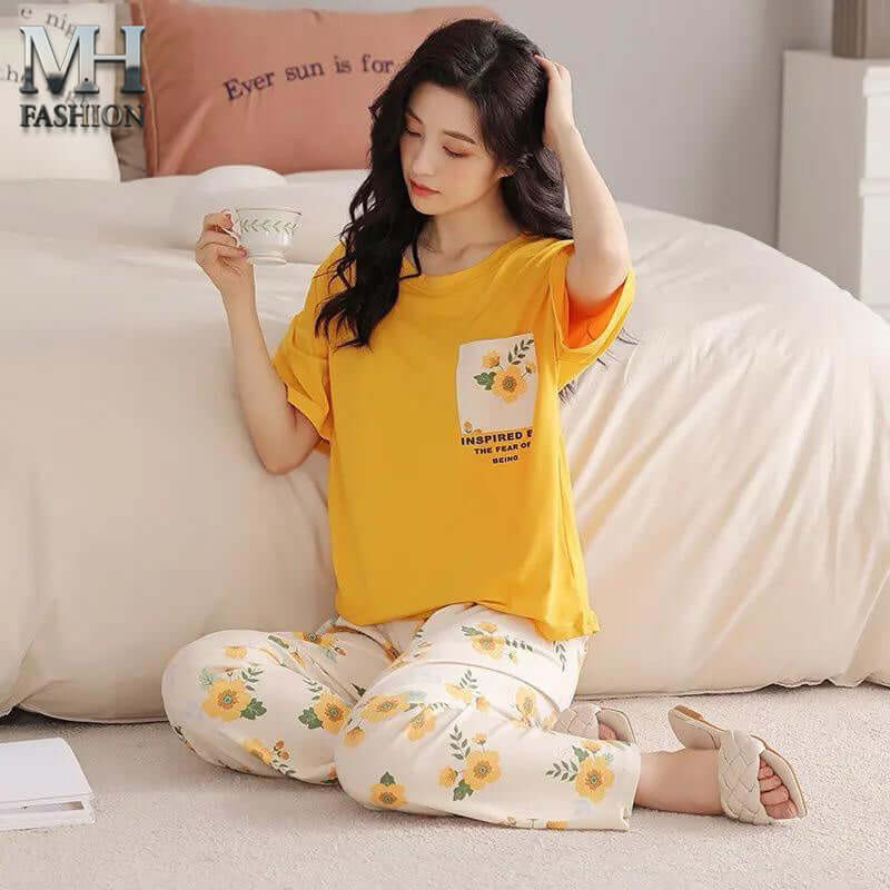 yellow flower printed night suit in premium fabric cotton jarsy