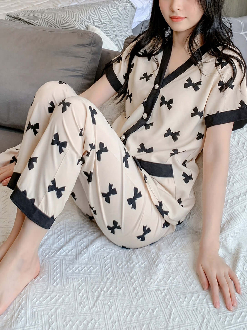 Off White Midnight Bow Printed Night Suit | V-Neck Button Pajama Set | omii.pk