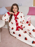 Sky Blue All Over Hearts with Lining Printed Half Sleeves V-Neck Button PJ Set For Her