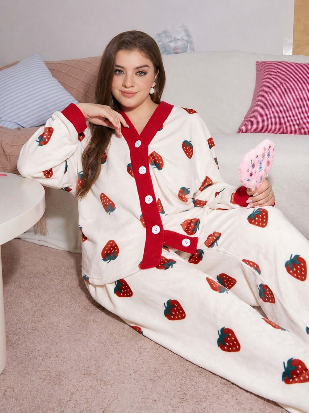 Sky Blue All Over Hearts with Lining Printed Half Sleeves V-Neck Button PJ Set For Her