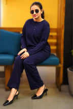 plain v neck button collar style night suit in soft cotton fabric