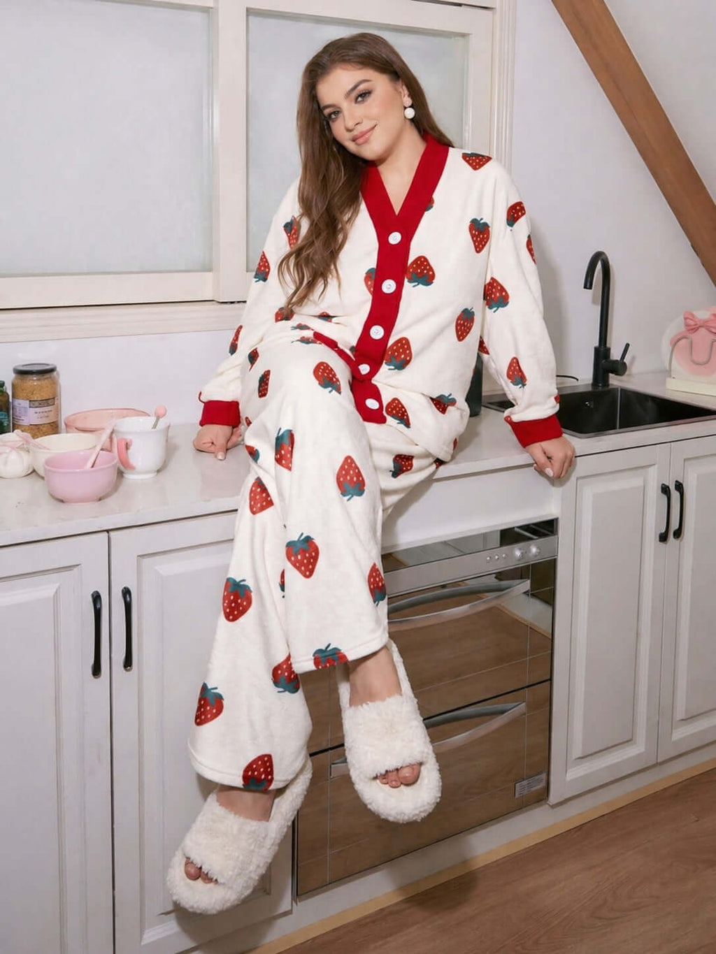 Sky Blue All Over Hearts with Lining Printed Half Sleeves V-Neck Button PJ Set For Her
