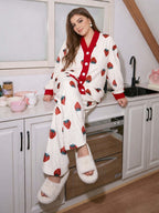 Sky Blue All Over Hearts with Lining Printed Half Sleeves V-Neck Button PJ Set For Her