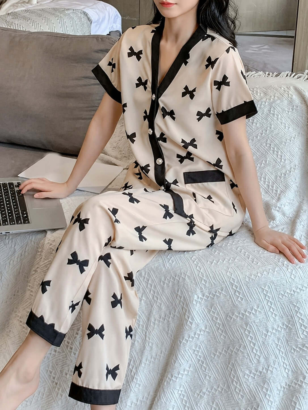 Off White Midnight Bow Printed Night Suit | V-Neck Button Pajama Set | omii.pk