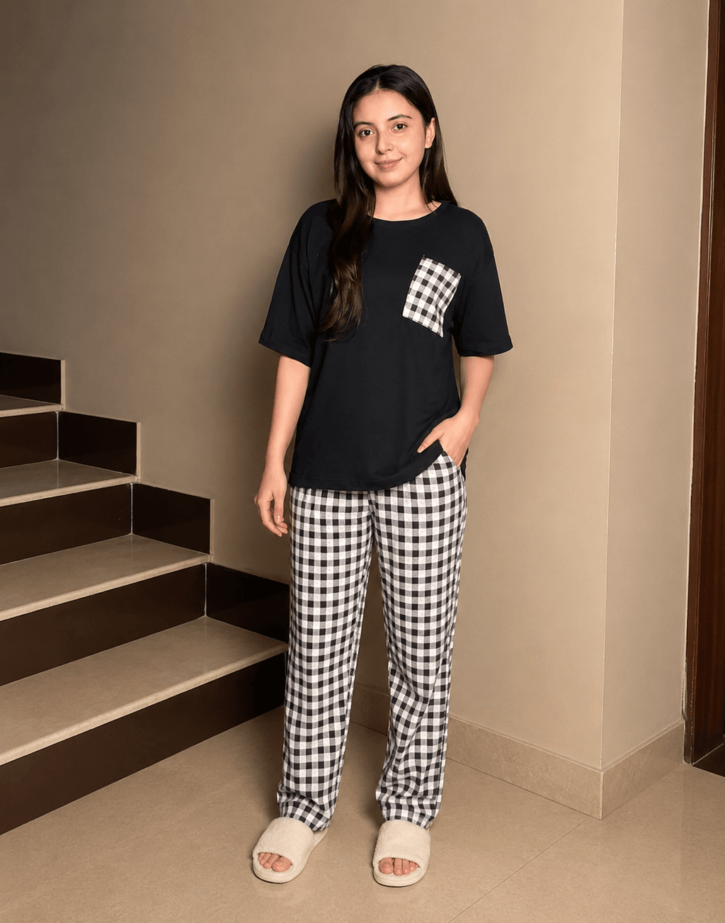 black check pocket printed night suit premium fabric for girl