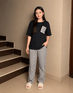 black check pocket printed night suit premium fabric for girl
