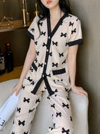 Off White Midnight Bow Printed Night Suit | V-Neck Button Pajama Set | omii.pk