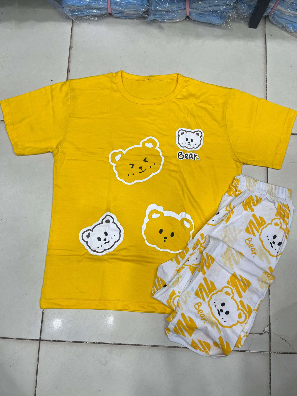 Yellow 3 bear  design night suit premium fabric for girls and woman