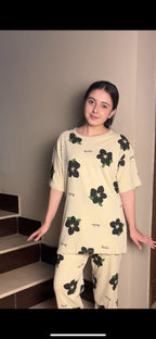 cream flower  design night suit premium fabric for girls and woman