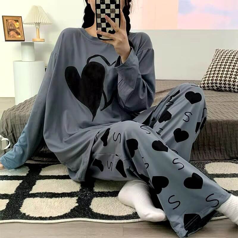 dark grey heart printed night suit full sleeves fabric cotton jarsy
