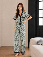 Olive with Black Pipin Drop Shoulder Flowers Printed Button Style Pj Set