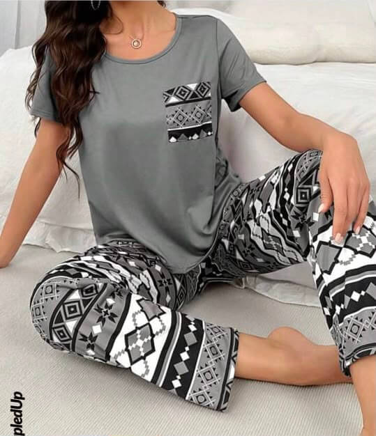 Grey Aztec Print Pocket Pajama Set