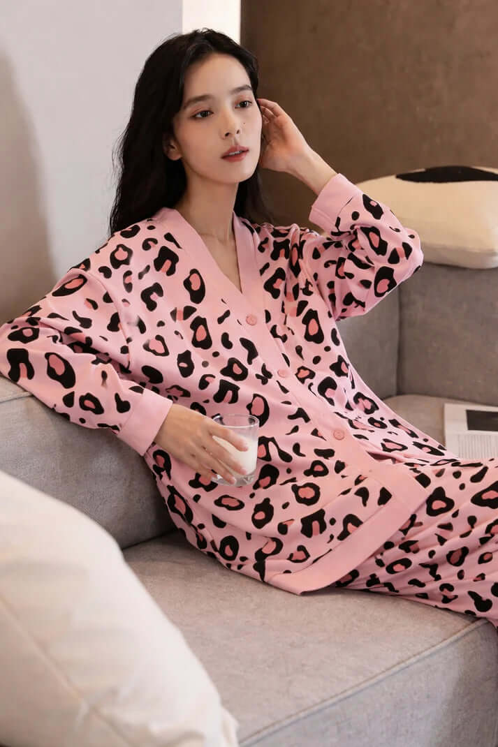 Baby Pink Cheetah Print Pajama Set for Women | V-Neck Button Night Suit | omii.pk