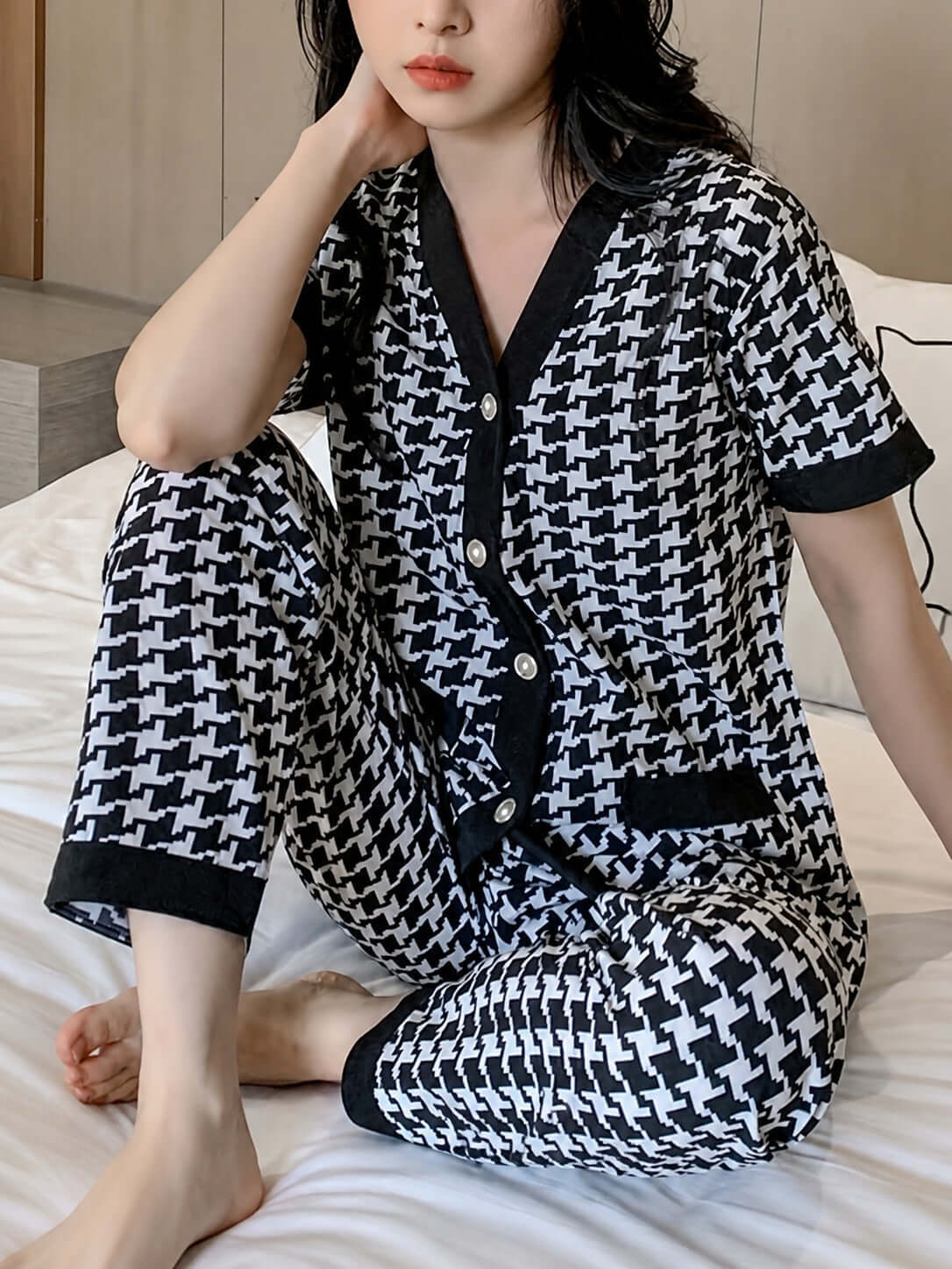Black & White Small Check Night Suit for Women | Half Sleeve Button PJ Set | omii.pk