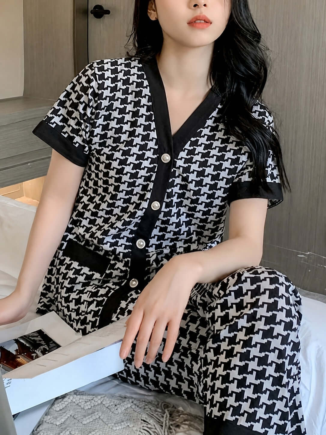 Black & White Small Check Night Suit for Women | Half Sleeve Button PJ Set | omii.pk