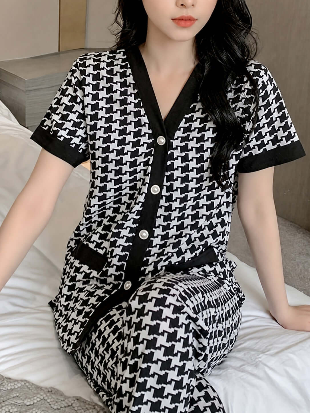 Black & White Small Check Night Suit for Women | Half Sleeve Button PJ Set | omii.pk