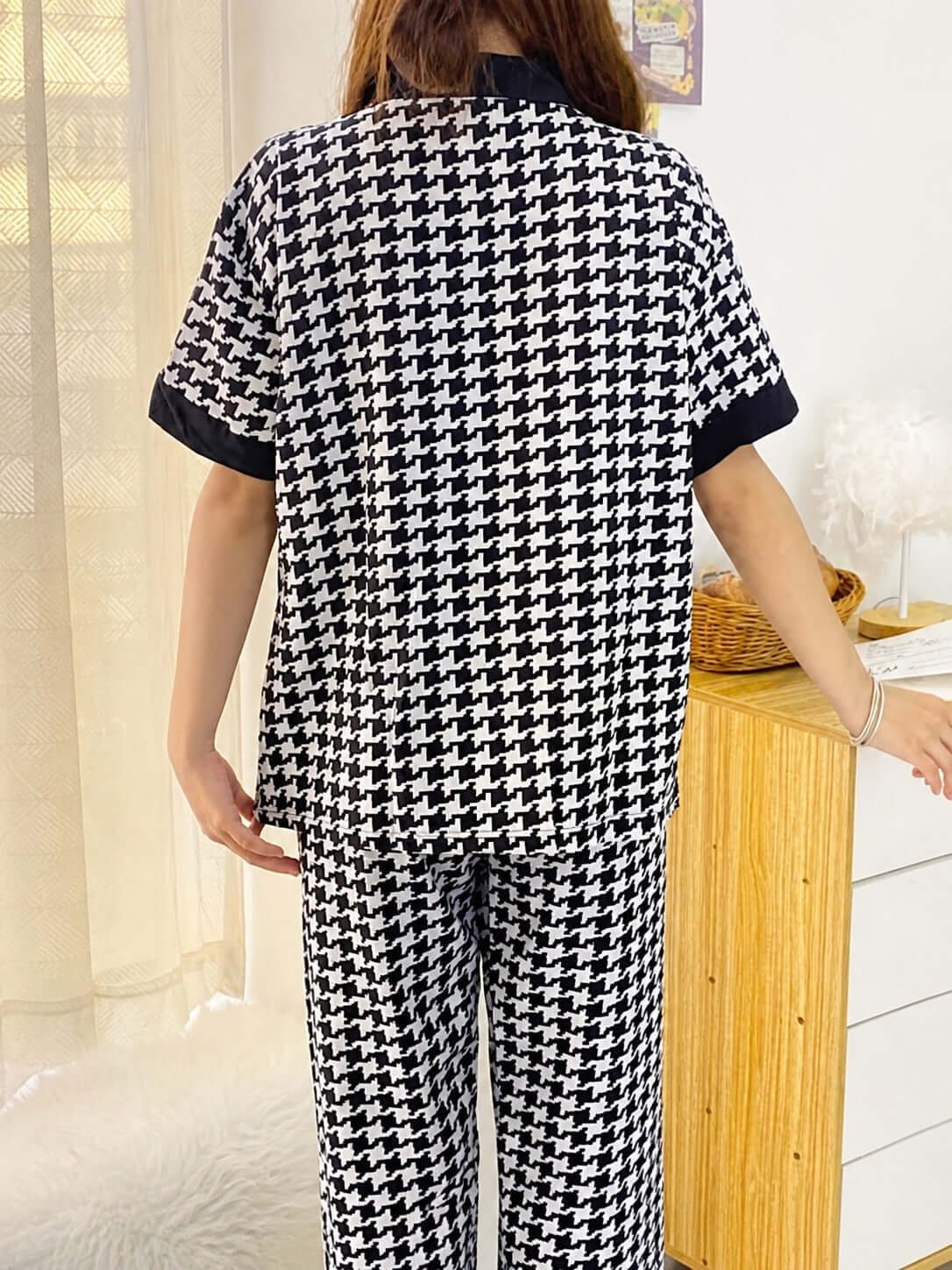 Black & White Small Check Night Suit for Women | Half Sleeve Button PJ Set | omii.pk