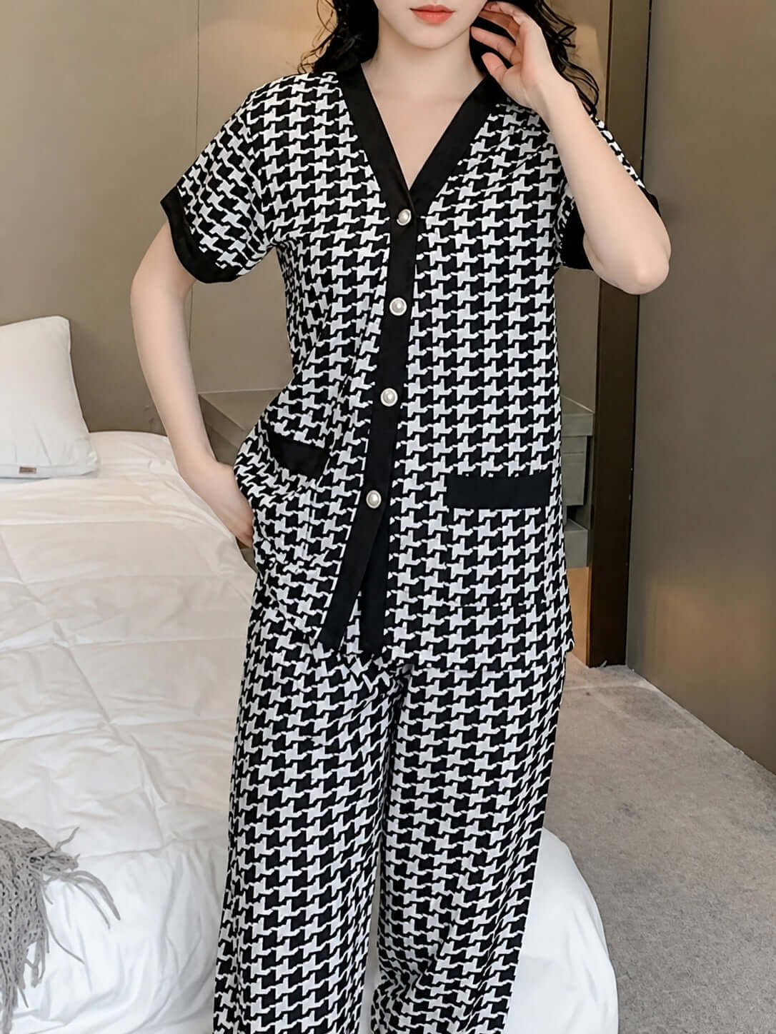 Black & White Small Check Night Suit for Women | Half Sleeve Button PJ Set | omii.pk