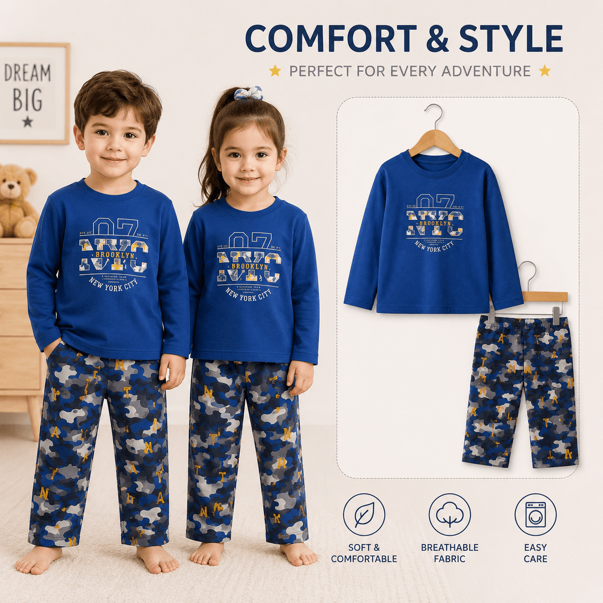 Blue NYC Full Sleeves Jersey Co-ord Set – Kids T-Shirt & Trouser