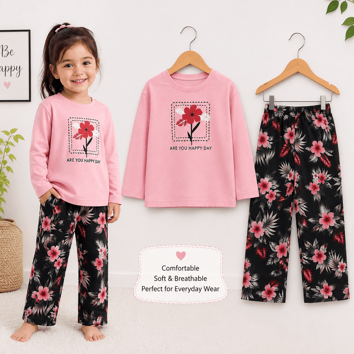 Pink Flower Full Sleeves T-shirt With Trouser Printed Set (SN-600)