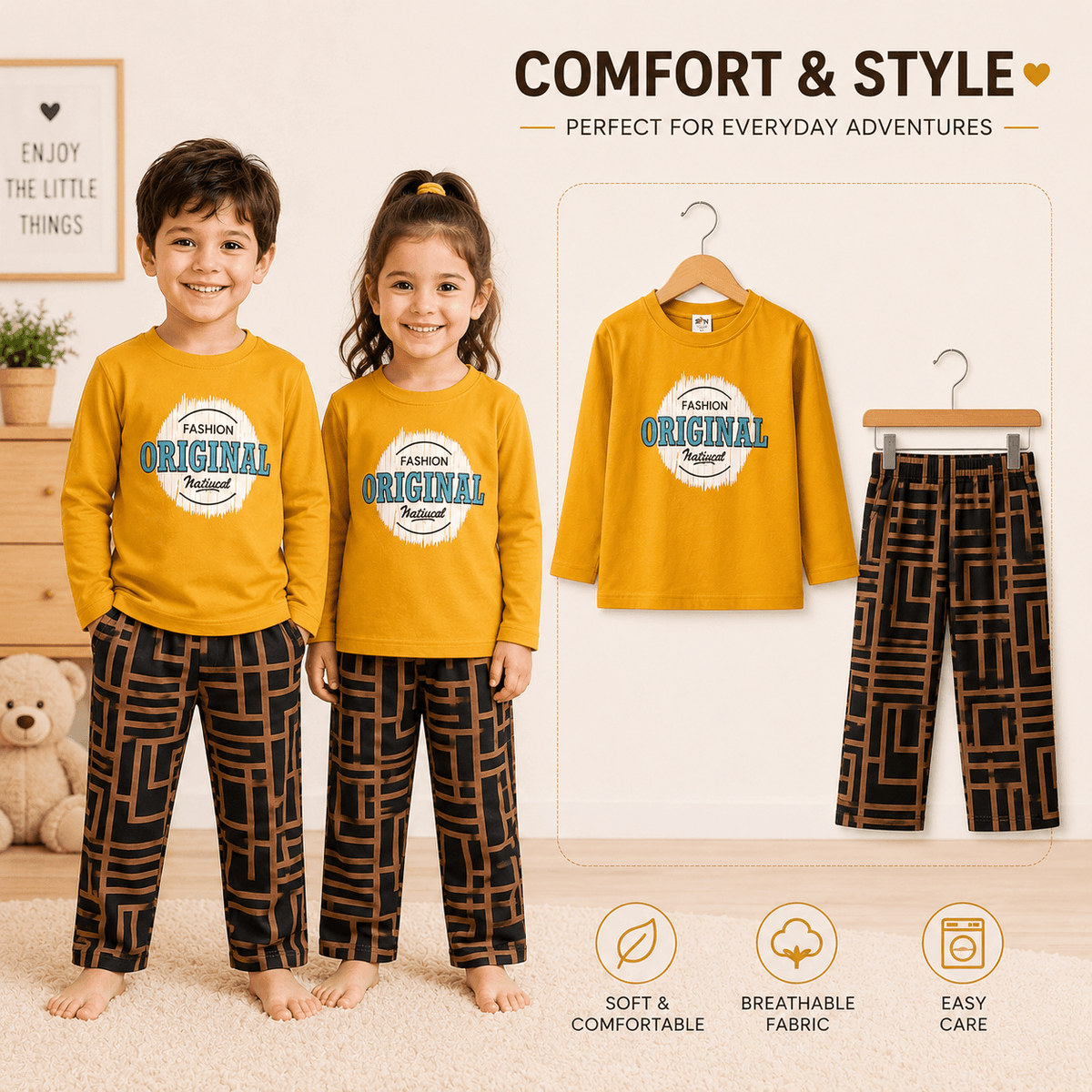 Brown Original Full Sleeves T-shirt With Trouser Printed Set (SN-600)