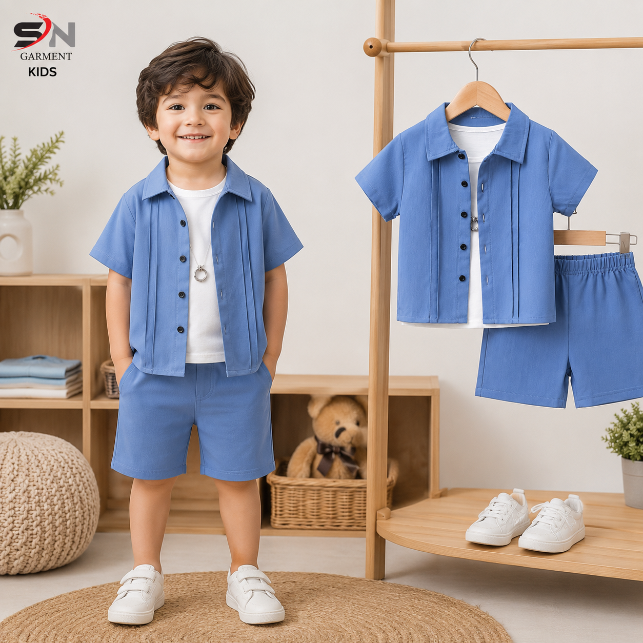 Blue 2Pcs Cord Set Shirt With Short Printed Set