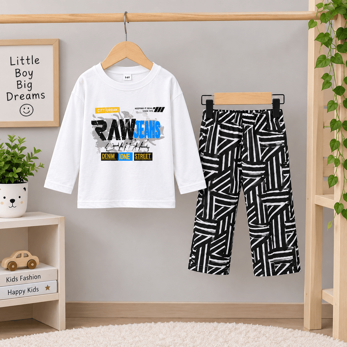 RAW Jeans Graphic Oversized Set – Kids Full Sleeves Tee & Geometric Pants
