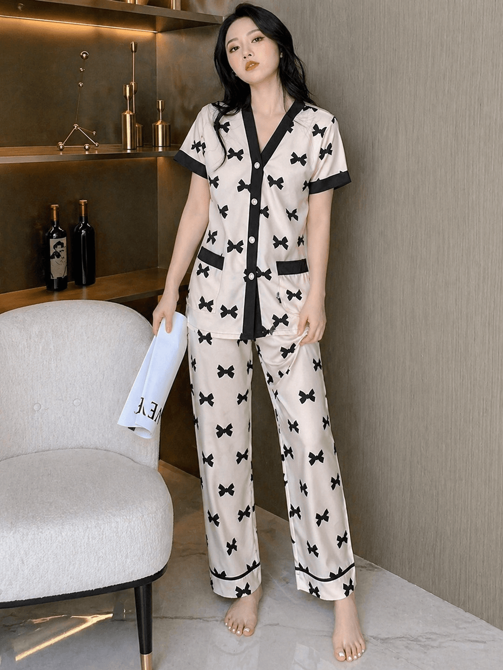 Off White Midnight Bow Printed Night Suit | V-Neck Button Pajama Set | omii.pk