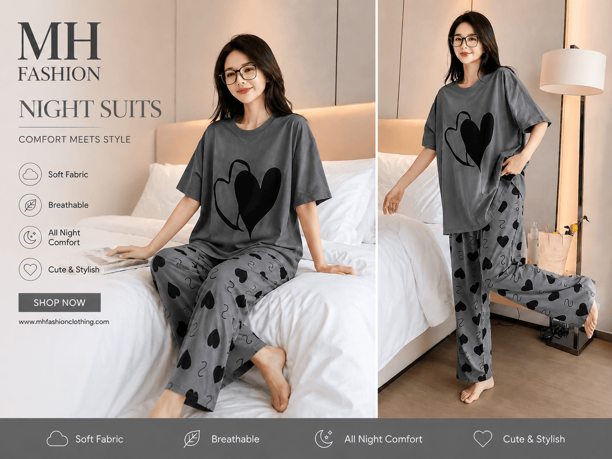 DOUBLE HEART DESIGN NIGHT DRESS IN COTTON FABRIC