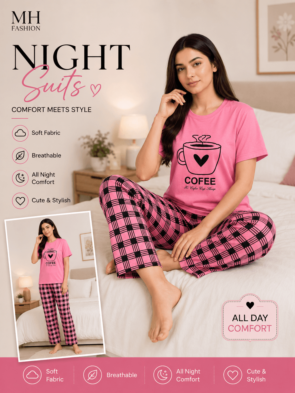 PINK CHECK DESIGN NIGHT DRESS IN COTTON FABRIC