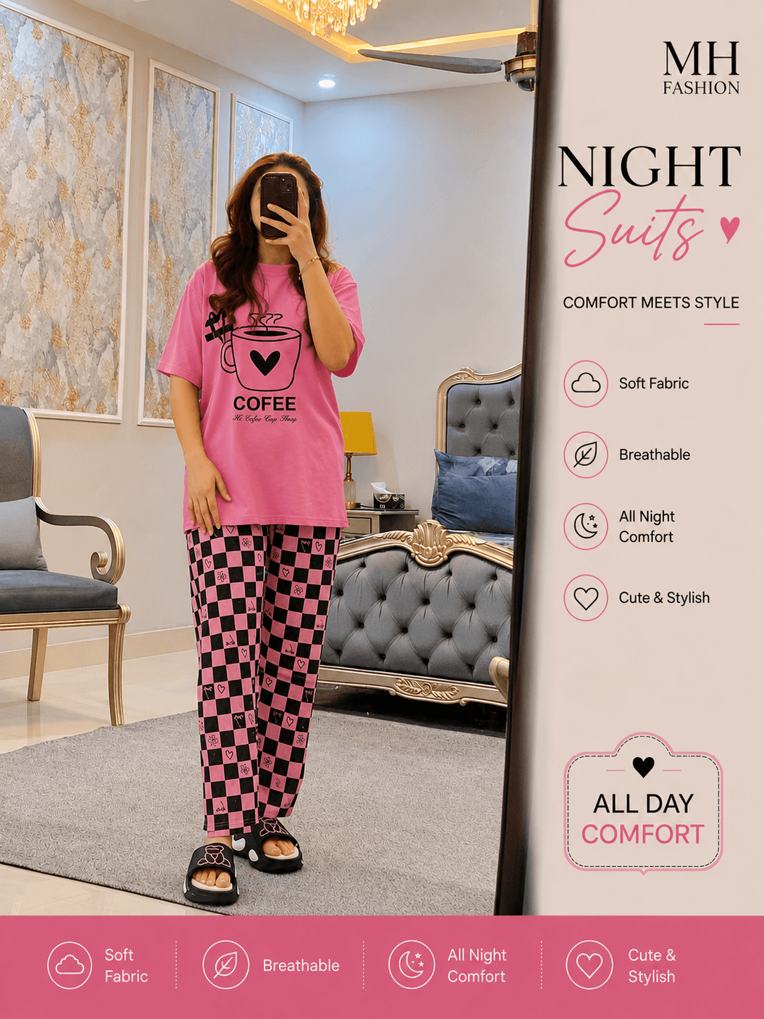 PINK CHECK DESIGN NIGHT DRESS IN COTTON FABRIC