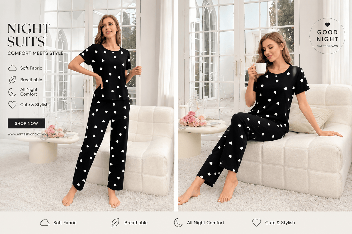 black heart printed half sleeves night suit premium fabric for girl