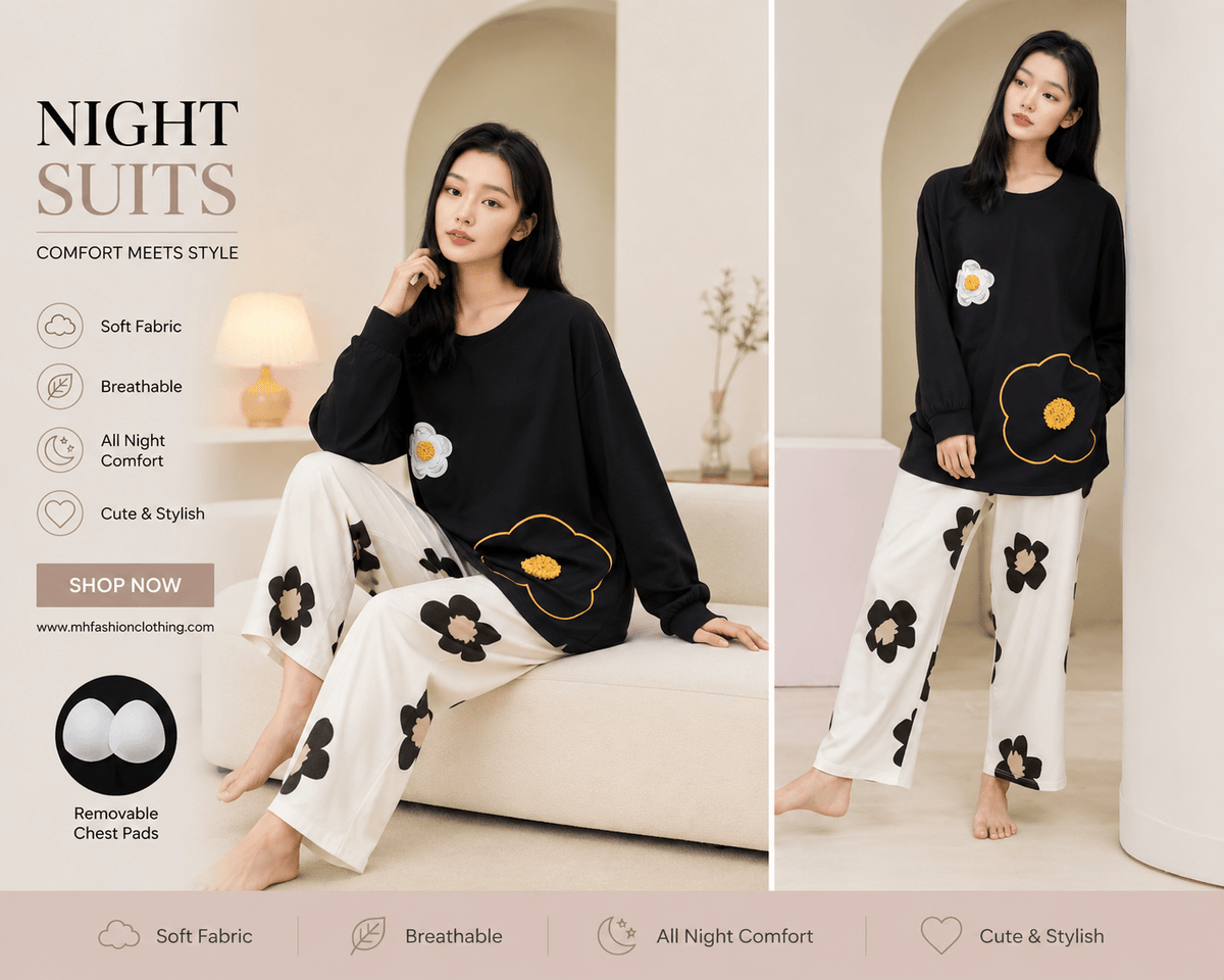 black flpwerfull sleeves  night suit premium fabric for girls and woman