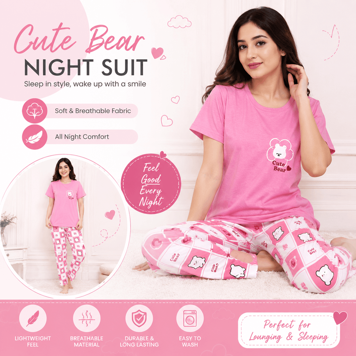 Cute Bear pink check Printed Night Suit for Women – Soft Cotton PJ Set
