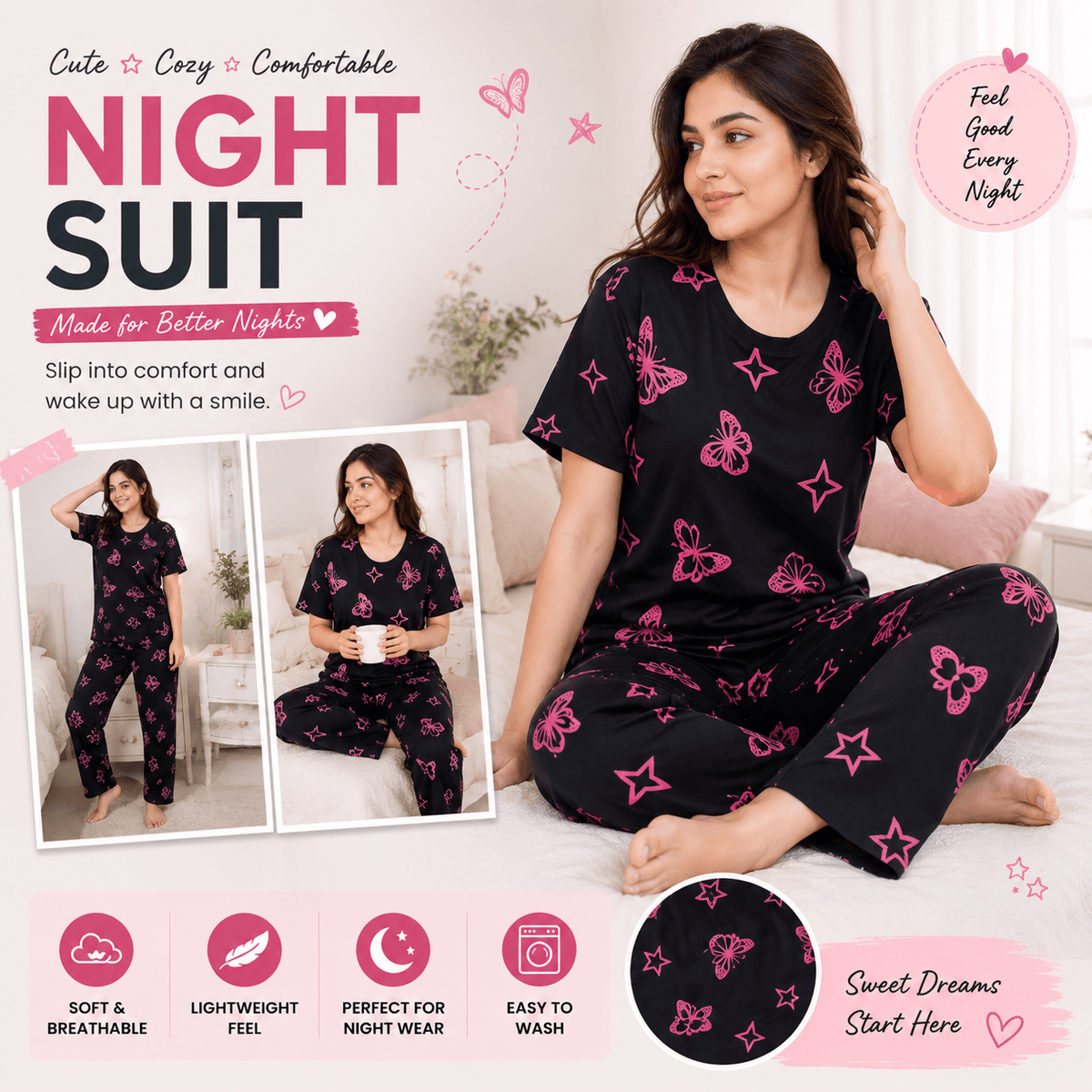 black butterfly  Printed Night Suit for Women – Soft Cotton PJ Set