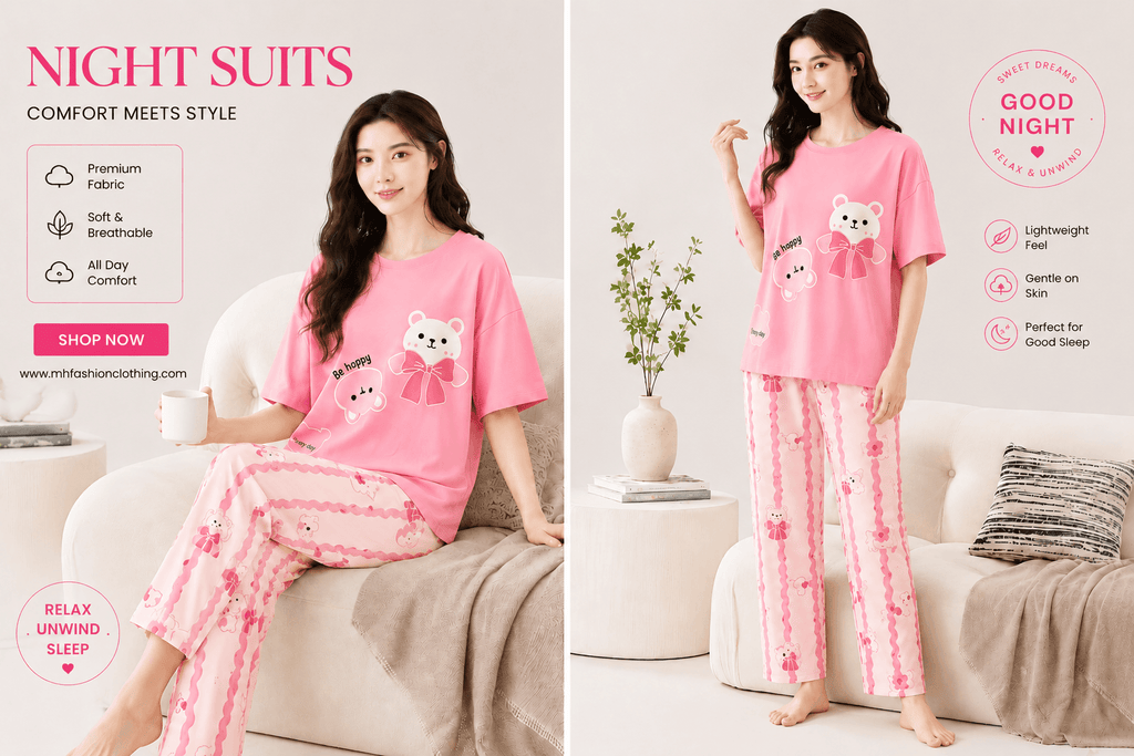 pink happy bear design night suit premium fabric for girls and woman